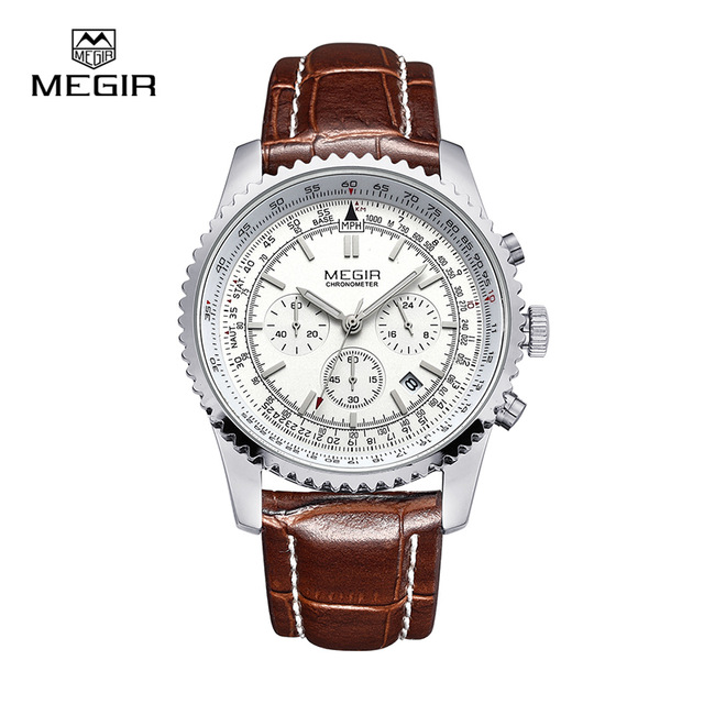 Megir Aviator Chronometer (серебристый корпус, белый циферблат, коричневый ремешок)